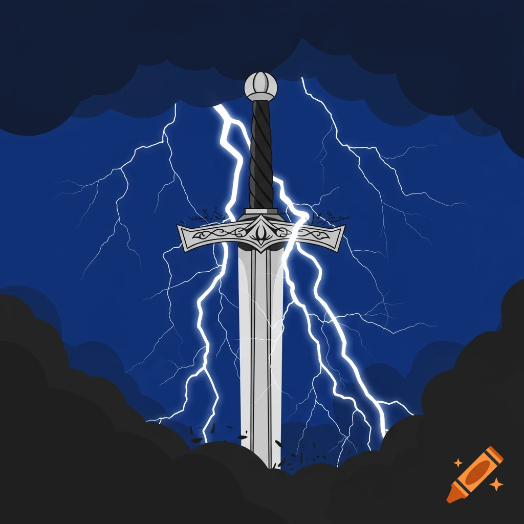 A vector illustration of a detailed sword surrounded by bright lightning bolts and dark clouds against a blue sky.