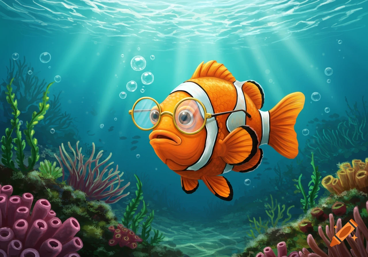 A cartoon clownfish with round glasses swims underwater amidst colorful coral and bubbles, with light rays piercing the surface.