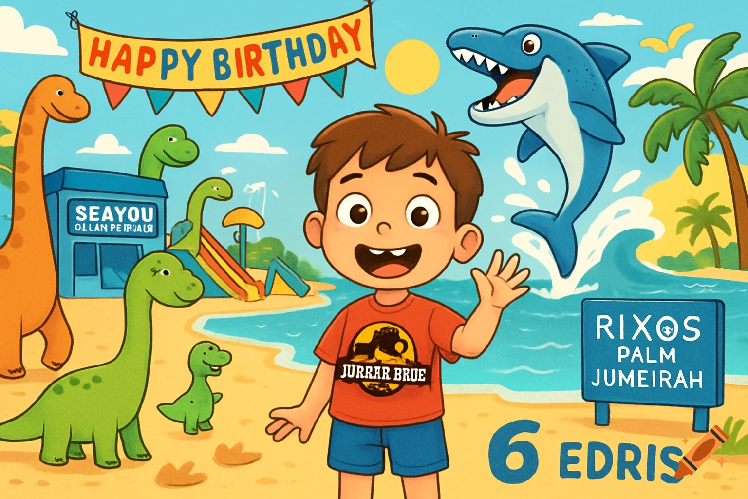 A cartoon of a boy with a missing tooth, wearing a Jurassic Park T-shirt, waving at a beach birthday party. Dinosaurs, a shark jumping from water, a watersports building, and a 'Happy Birthday' banner are visible.
