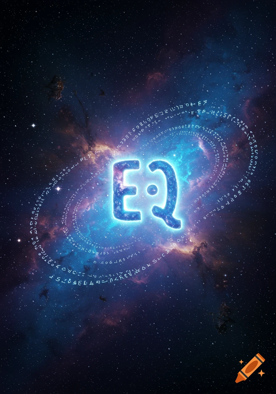 A glowing blue 'E:Q' symbol floats in a spiral galaxy, surrounded by a ring of alien glyphs, against a dark blue and purple nebula.