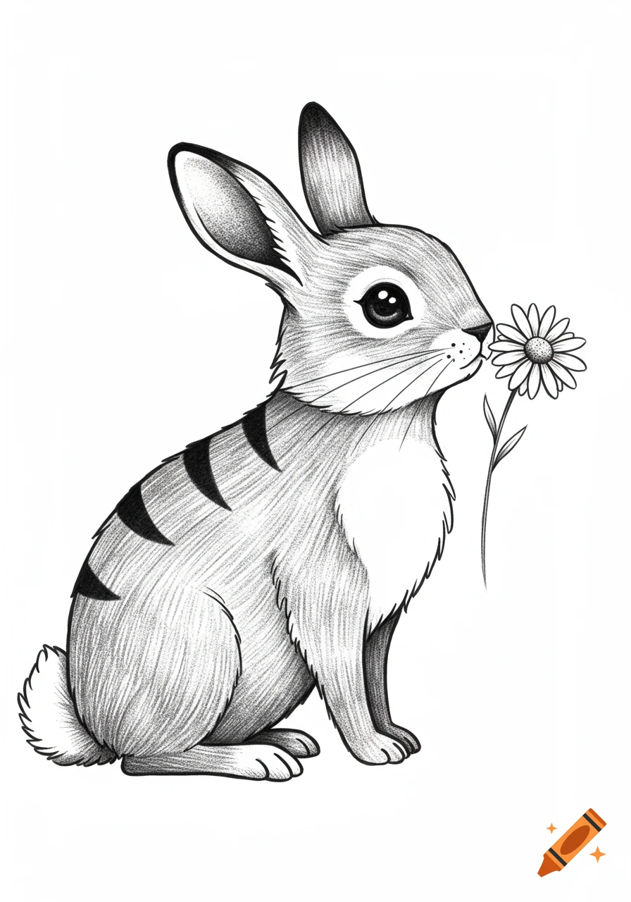 A black and white fineline tattoo style drawing of a bunny with striped fur sniffing a daisy.