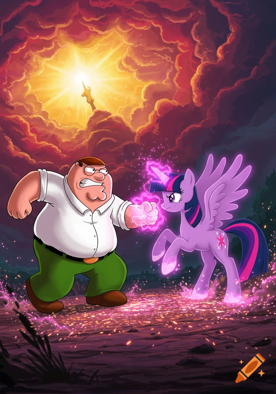 Cartoon illustration of Peter Griffin and Twilight Sparkle facing off, glowing with magical power under a dramatic, bright sky.