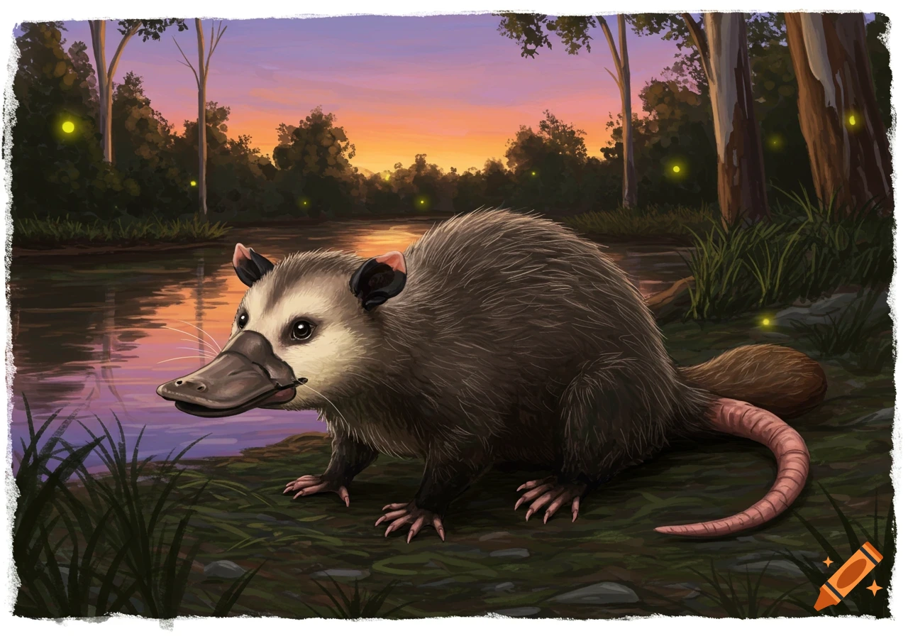 An opossum-platypus hybrid stands by a river at sunset, with fireflies glowing in the background, digital painting.