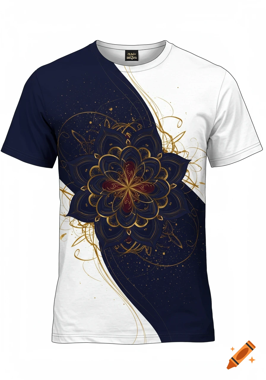 A white and dark blue t-shirt with an ornate gold and dark blue mandala flower design.