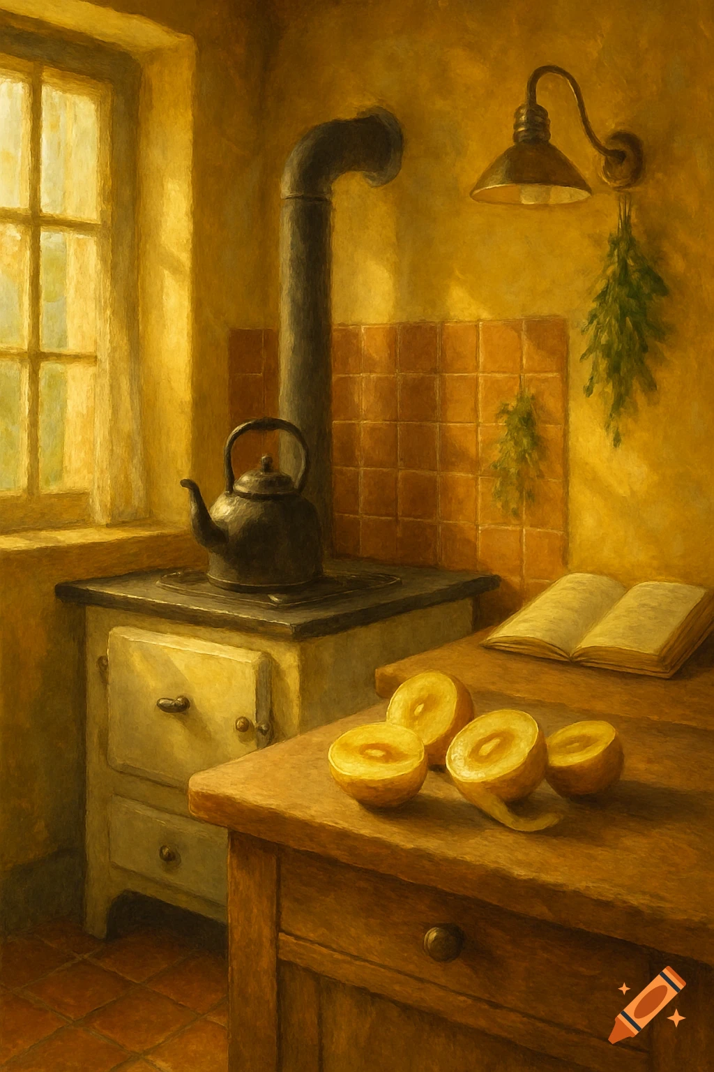 A painterly still life in a rustic kitchen featuring a stove with a kettle, an open book, and halved yellow fruits on a wooden table.