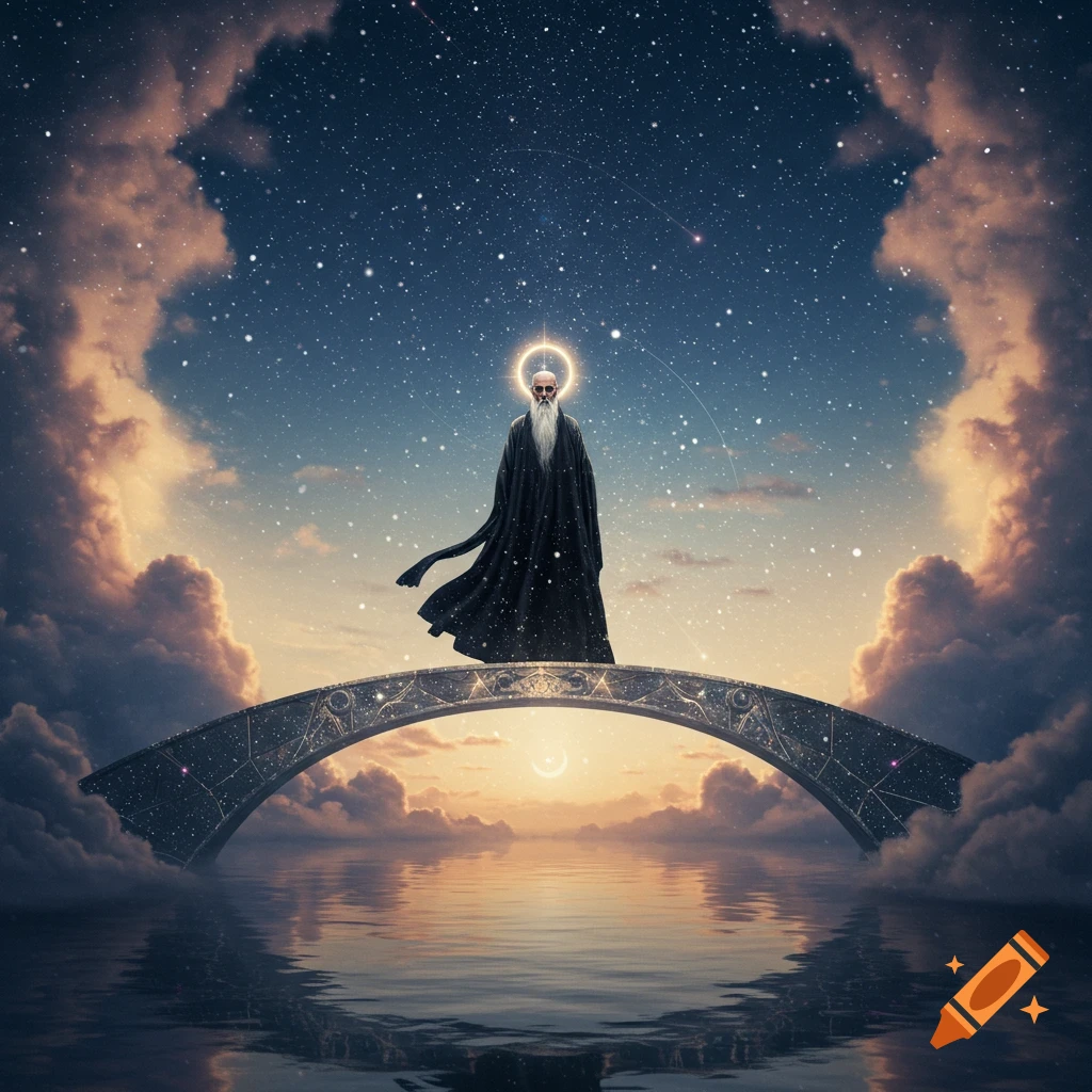 An old man with a long white beard and halo stands on an arched bridge over calm water, under a starry night sky framed by glowing clouds.