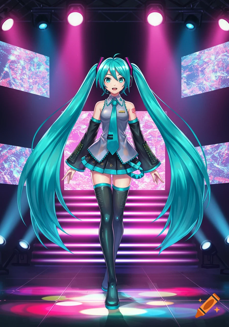 Hatsune Miku, an anime character with long turquoise pigtails, stands on a neon-lit stage under spotlights, smiling.