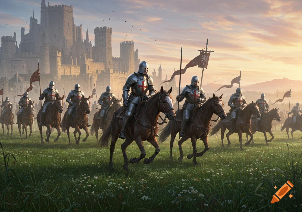 A medieval army of knights on horseback marches across a grassy field towards a large castle under a dramatic sunset sky.