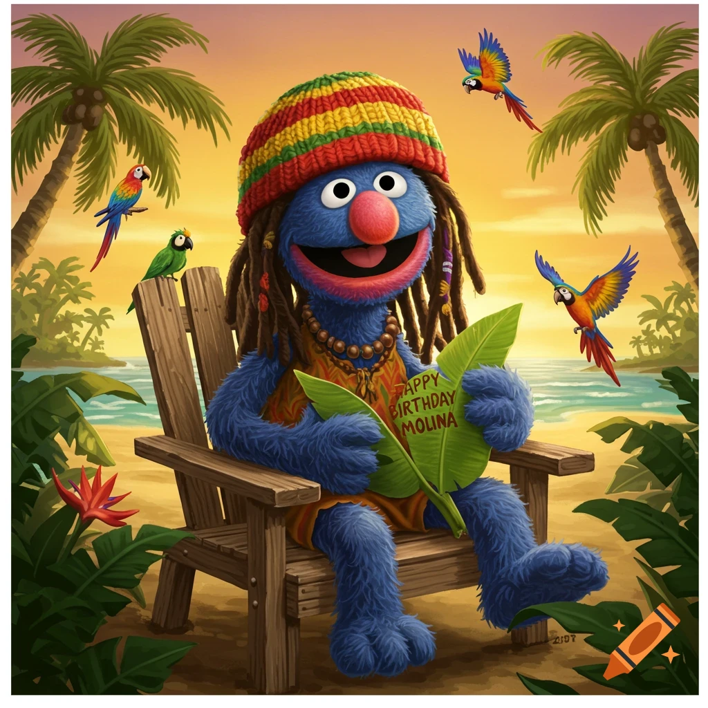 A blue muppet resembling Grover, with a Rasta beanie and dreadlocks, sits on a beach chair holding a leaf saying "HAPPY BIRTHDAY MOLINA" amidst palm trees and parrots in a tropical illustration.