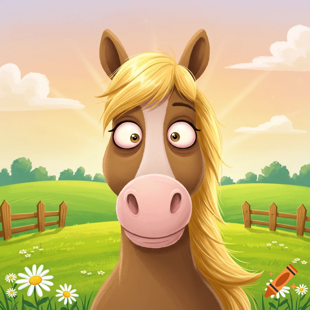 A cartoon close-up of a brown, cross-eyed horse with blonde hair in a sunny green field with daisies.