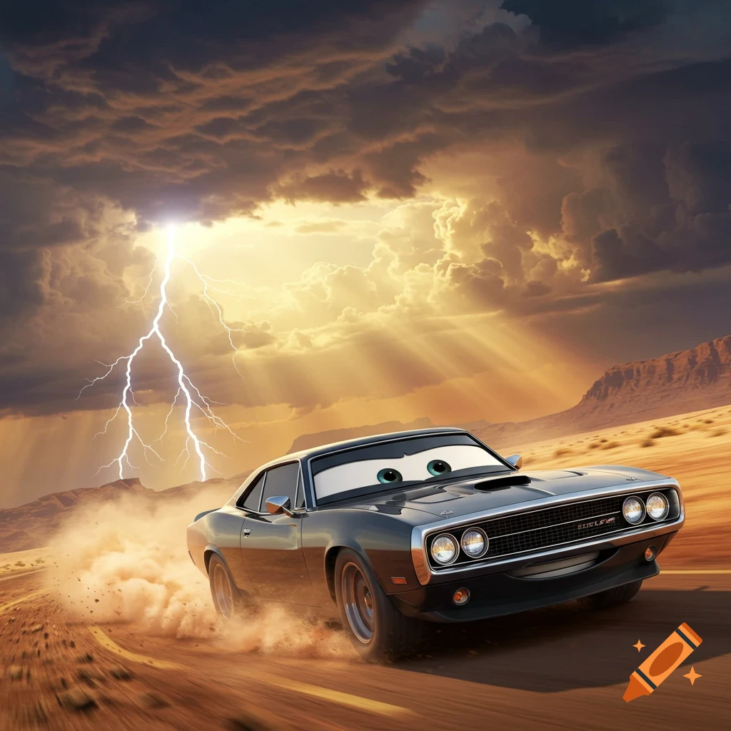 A dark gray animated car with large blue eyes, reminiscent of a Dodge Charger, speeds through a dusty desert under a dramatic, lightning-filled stormy sky.