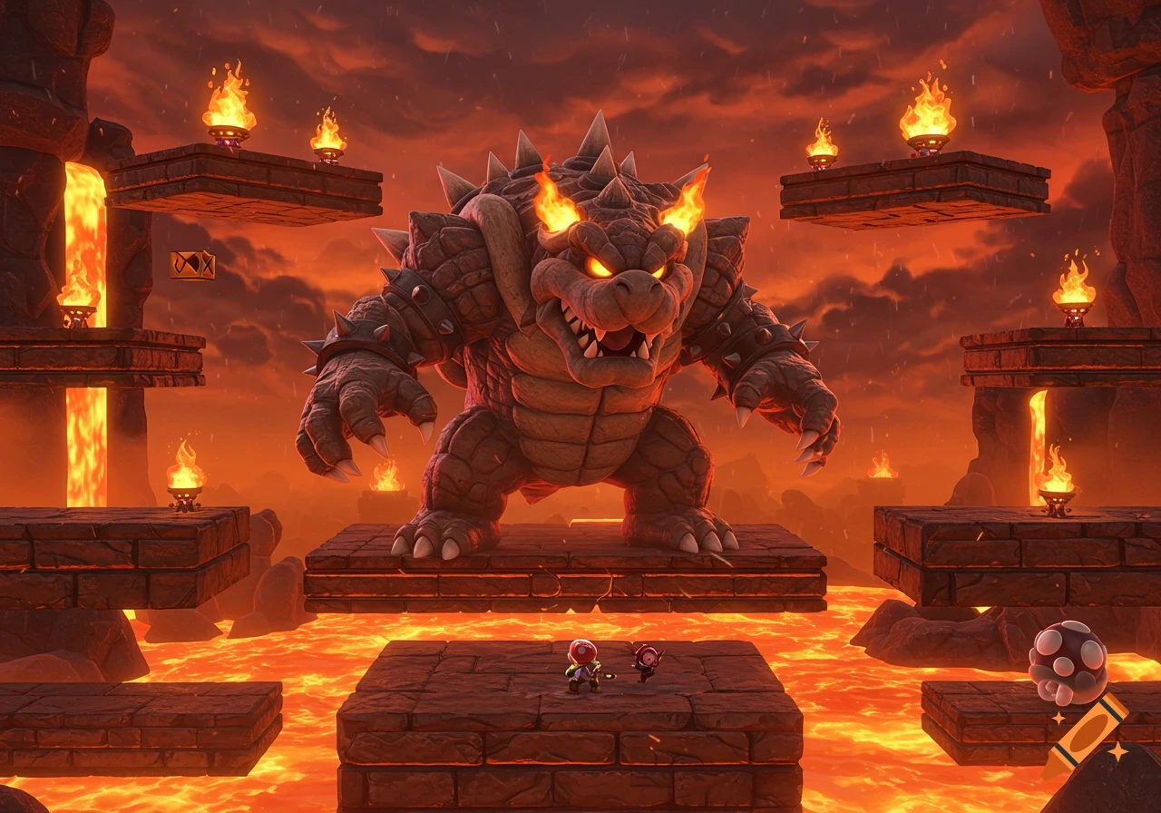 Giant Bowser stands over two small figures in a fiery, lava-filled video game boss arena with floating platforms.