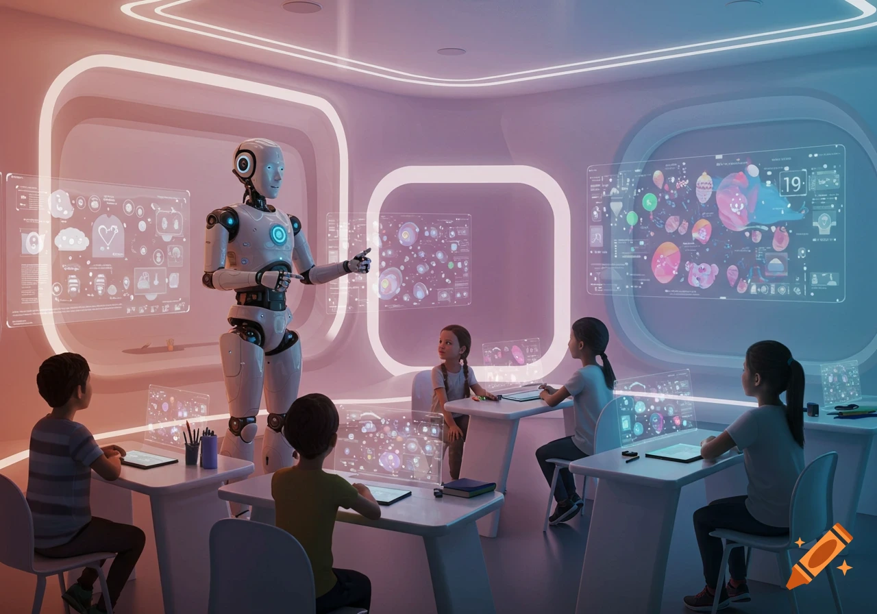 A friendly robot teaches a diverse group of children in a brightly lit, futuristic classroom with glowing transparent screens displaying colorful data.