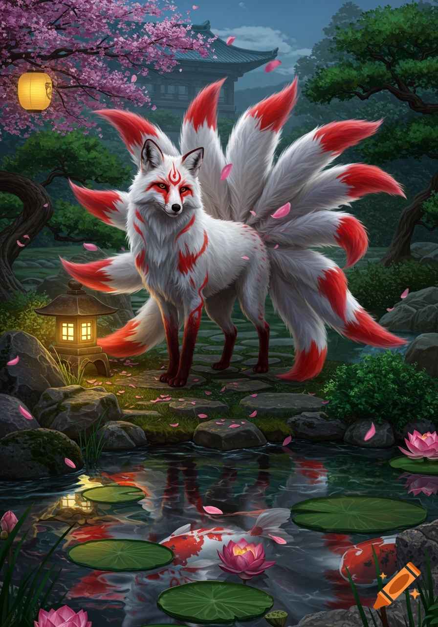 A white and red Kitsune stands in a vibrant Japanese garden with cherry blossoms, a pond with koi fish, lanterns, and a pagoda in the background.