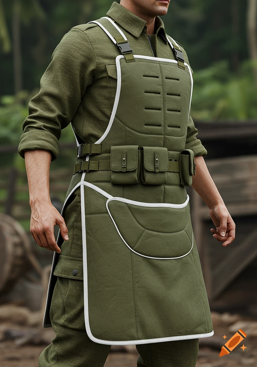 A close-up of a person wearing an olive green military-style vest with a bib-like apron, white trim, and multiple pouches in an outdoor setting.