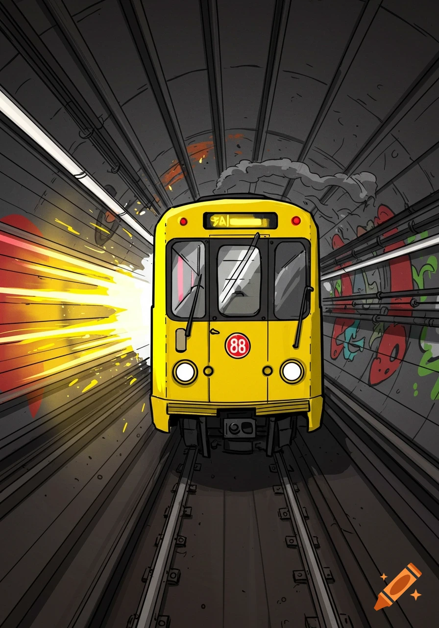 A vibrant yellow comic-style subway train with an '88' logo speeds through a dark, graffiti-covered tunnel, emanating bright light.