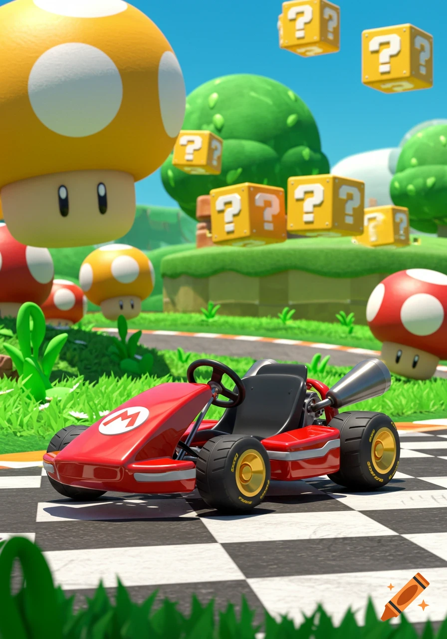A red Mario Kart racing car sits on a checkered track in a colorful Mario-themed world with mushrooms and floating question blocks.