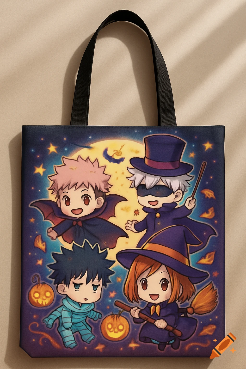 A tote bag featuring cute chibi anime characters from Jujutsu Kaisen dressed in Halloween costumes: a vampire, magician, mummy, and witch, under a full moon with jack-o'-lanterns.