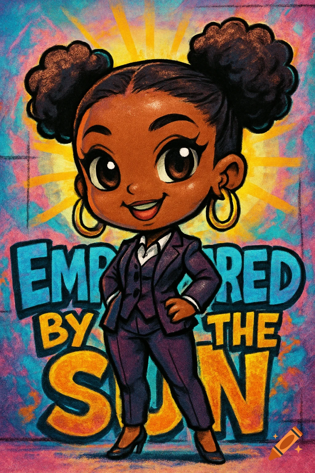 Chibi African American woman in a purple suit and hoop earrings, standing before graffiti-style text "Empowered by the Sun" with a sunburst background.