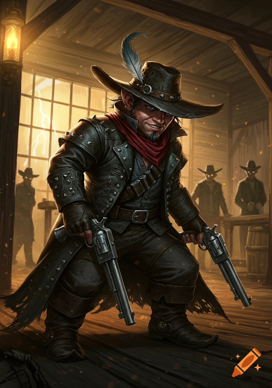A grinning evil halfling gunslinger in a dark coat and hat holds two revolvers in a dim, stormy saloon.