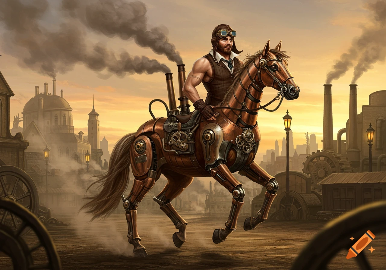 A man in goggles and a vest rides a large, ornate steampunk mechanical horse through a hazy, industrial city at sunset.
