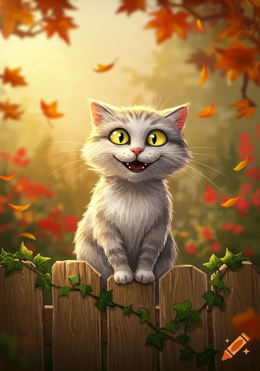 Cartoon grey cat with big yellow eyes smiling, sitting on a wooden fence with ivy, autumn leaves falling in a warm golden background.