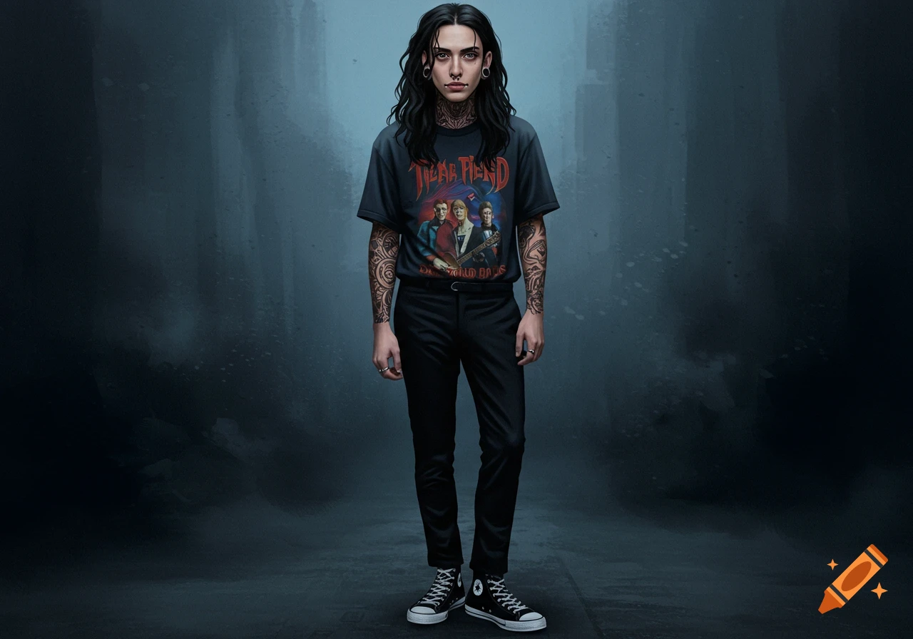A full-body portrait of a person with long black hair, tattoos, and piercings, wearing a black band t-shirt, black slacks, and black Converse sneakers.