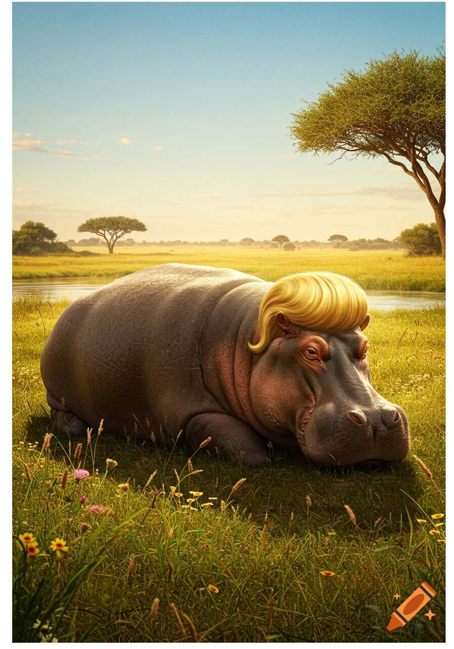 A photorealistic hippo with a prominent blond comb-over hairstyle lies in a sunny savanna field with tall grass, trees, and a river.