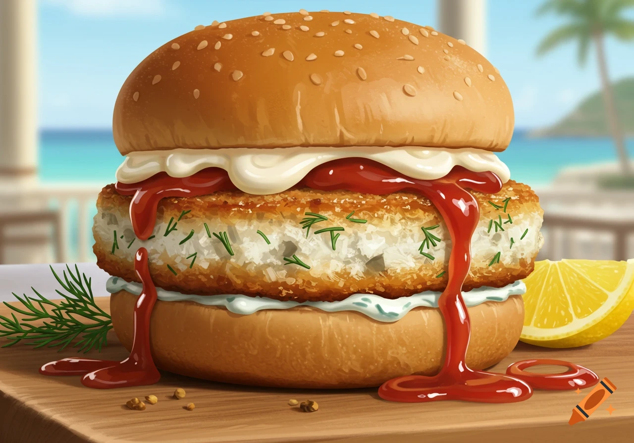 A stylized fish burger with ketchup and mayonnaise dripping down, on a wooden board with a lemon slice and a beach background.