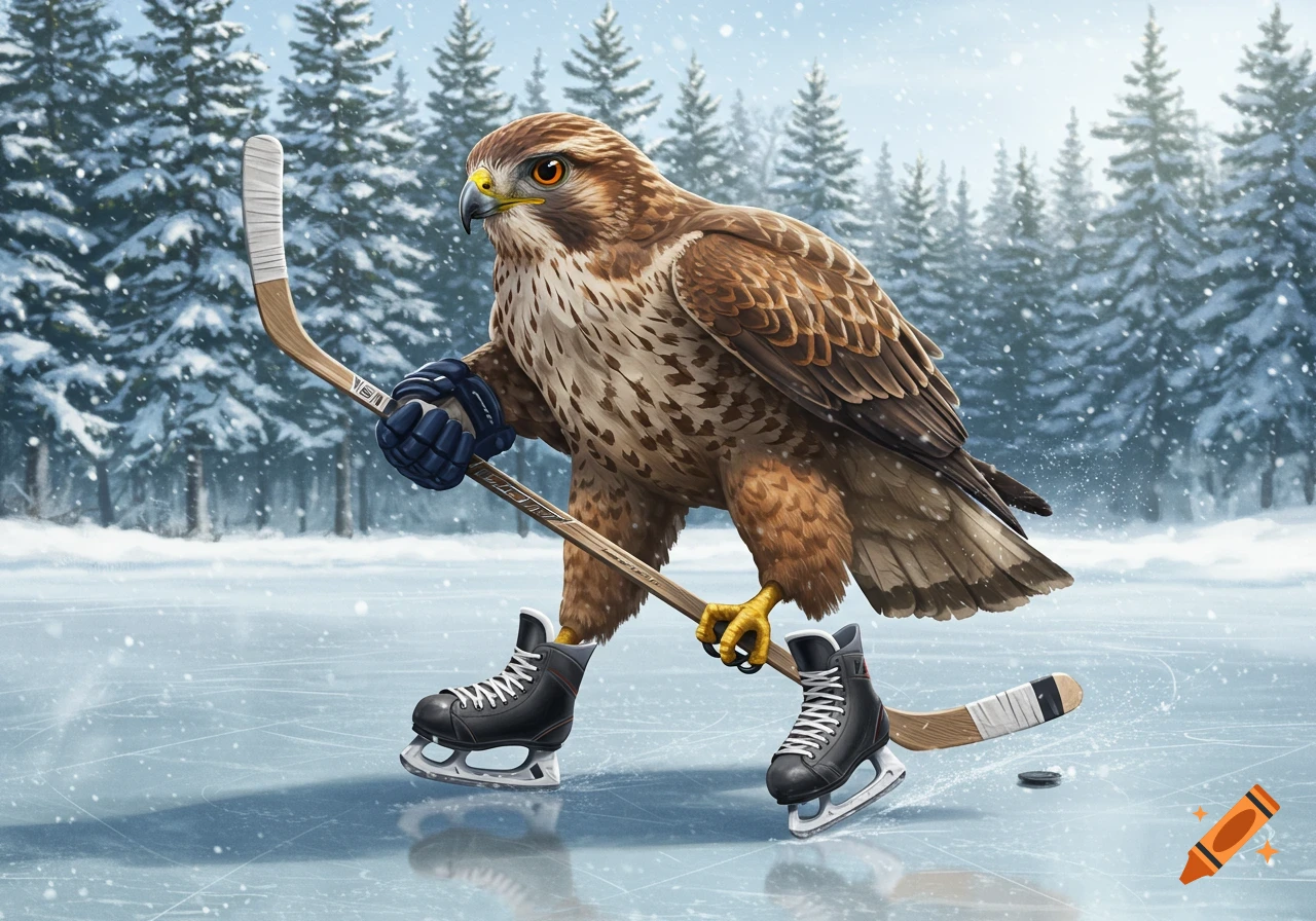 A brown hawk wearing hockey skates and holding a hockey stick skates on an ice rink in a snowy forest.