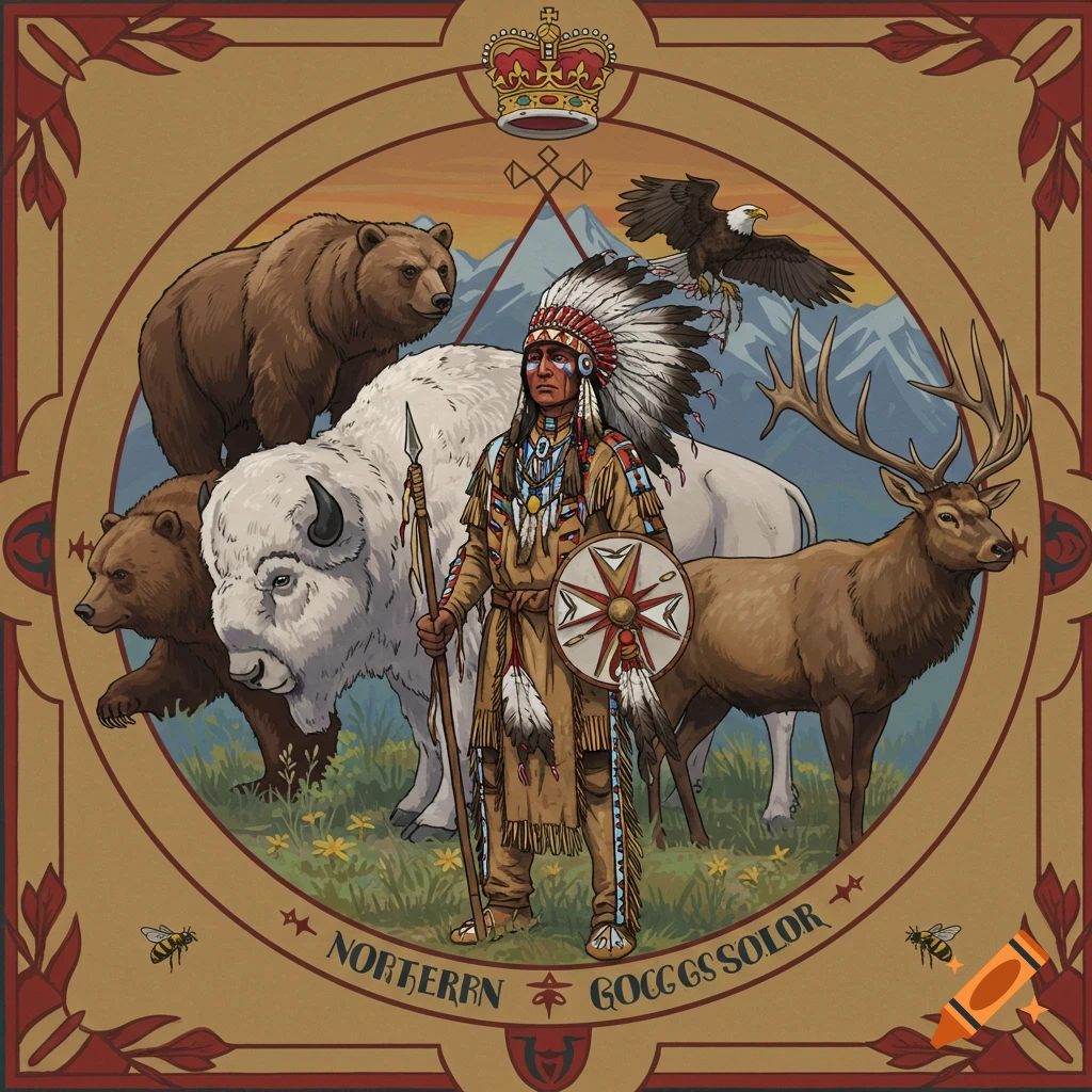 Detailed illustration of a Native American warrior holding a spear and shield, flanked by a white buffalo, two bears, an elk, and an eagle, with mountains in the background, all within an ornate circular frame.