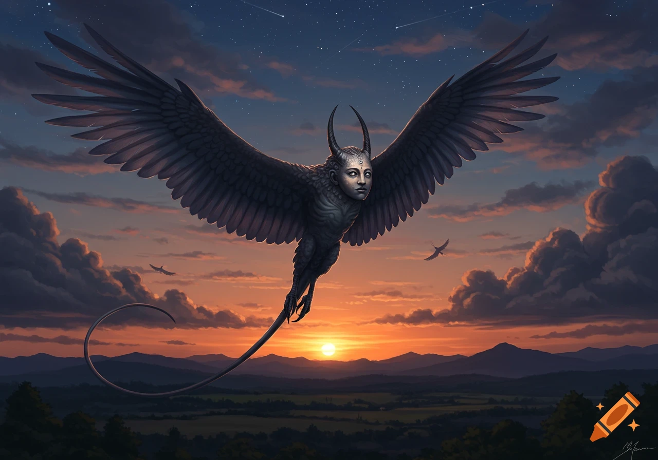 A winged creature with a human face and horns soars at sunset over a mountainous, forested landscape with stars in the sky.