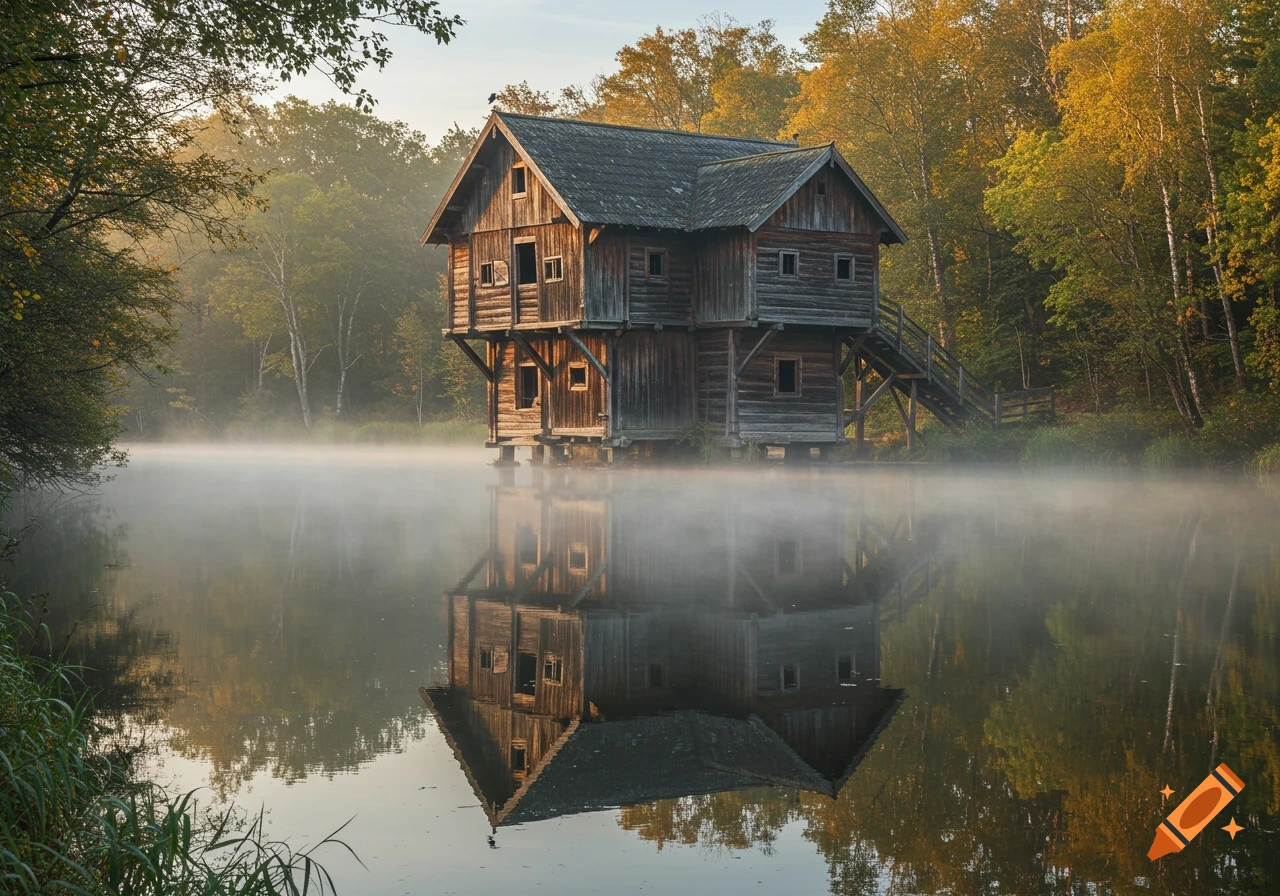 A photorealistic image of an old wooden house built on stilts over a foggy lake, surrounded by vibrant autumn trees.