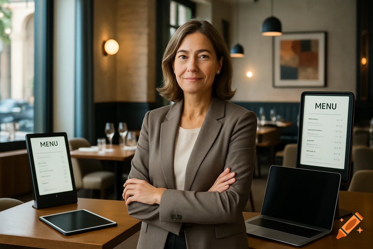 A professional woman in a brown suit with crossed arms stands in a modern restaurant with digital menu tablets and a laptop.