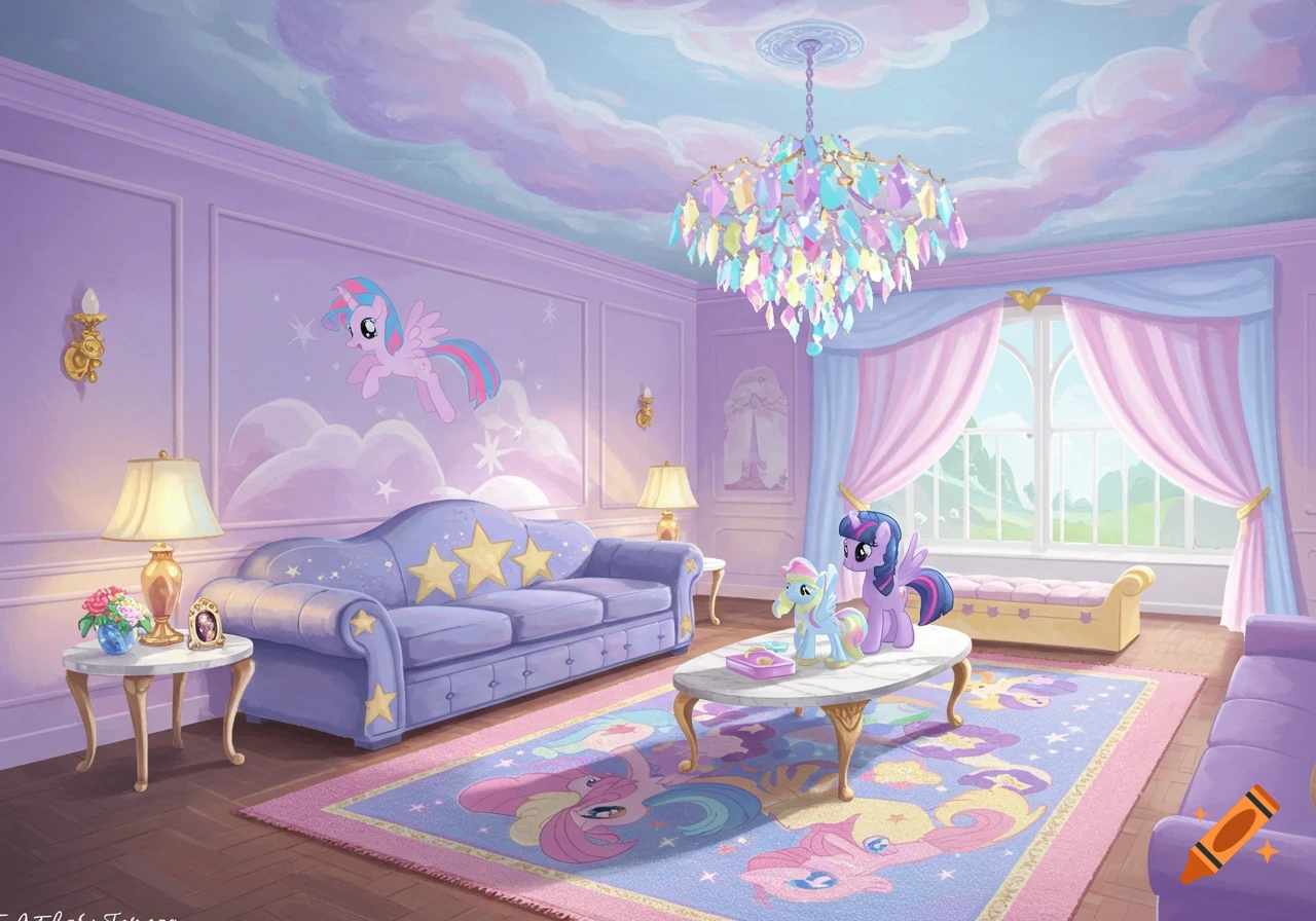 A pastel purple living room with two My Little Pony characters, a crystal chandelier, and a cloudy sky ceiling mural.