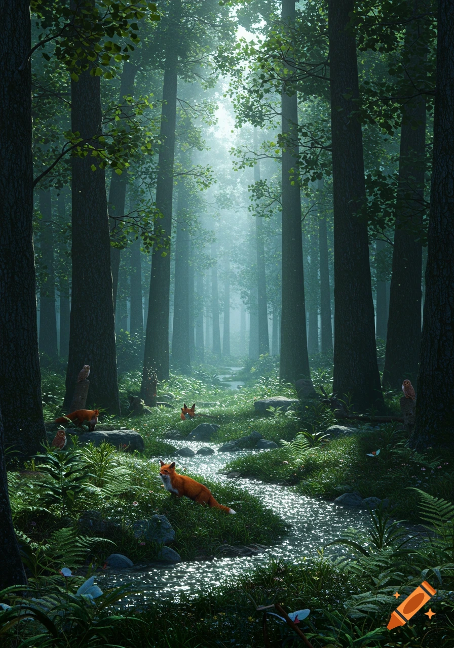 A photorealistic depiction of a sun-drenched forest with tall trees, a winding stream, foxes, and owls.