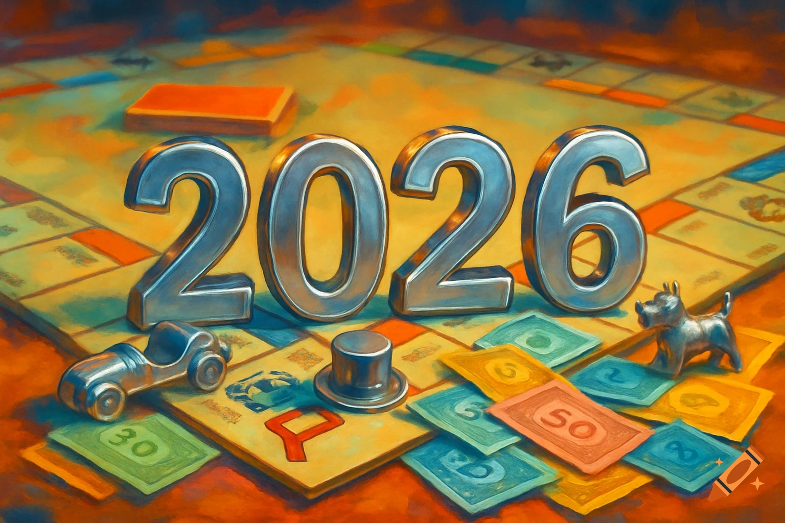 Metallic numbers "2026" on a Monopoly board with game pieces and scattered money in a painterly style.