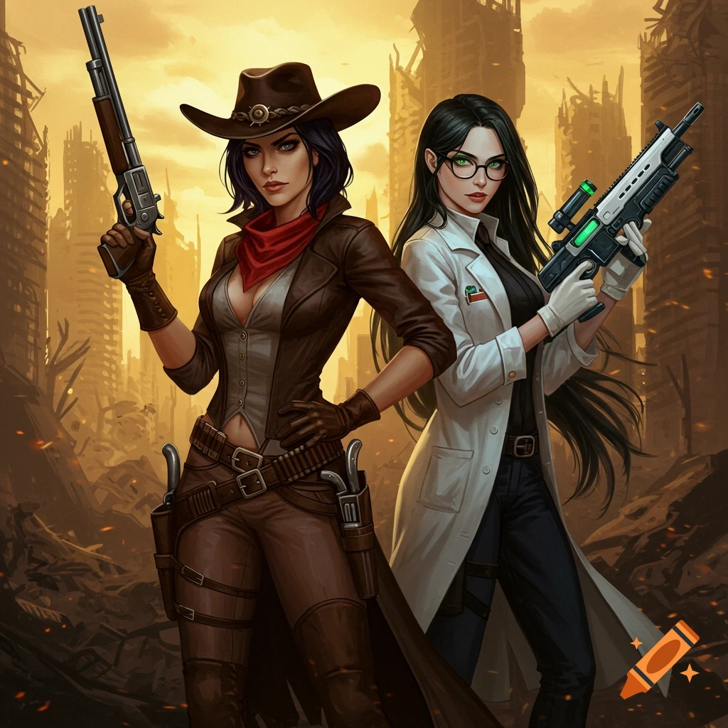 Two armed women, one a cowgirl with a shotgun and the other a scientist with a laser rifle, stand in a ruined city under an orange sky. Stylized digital art.