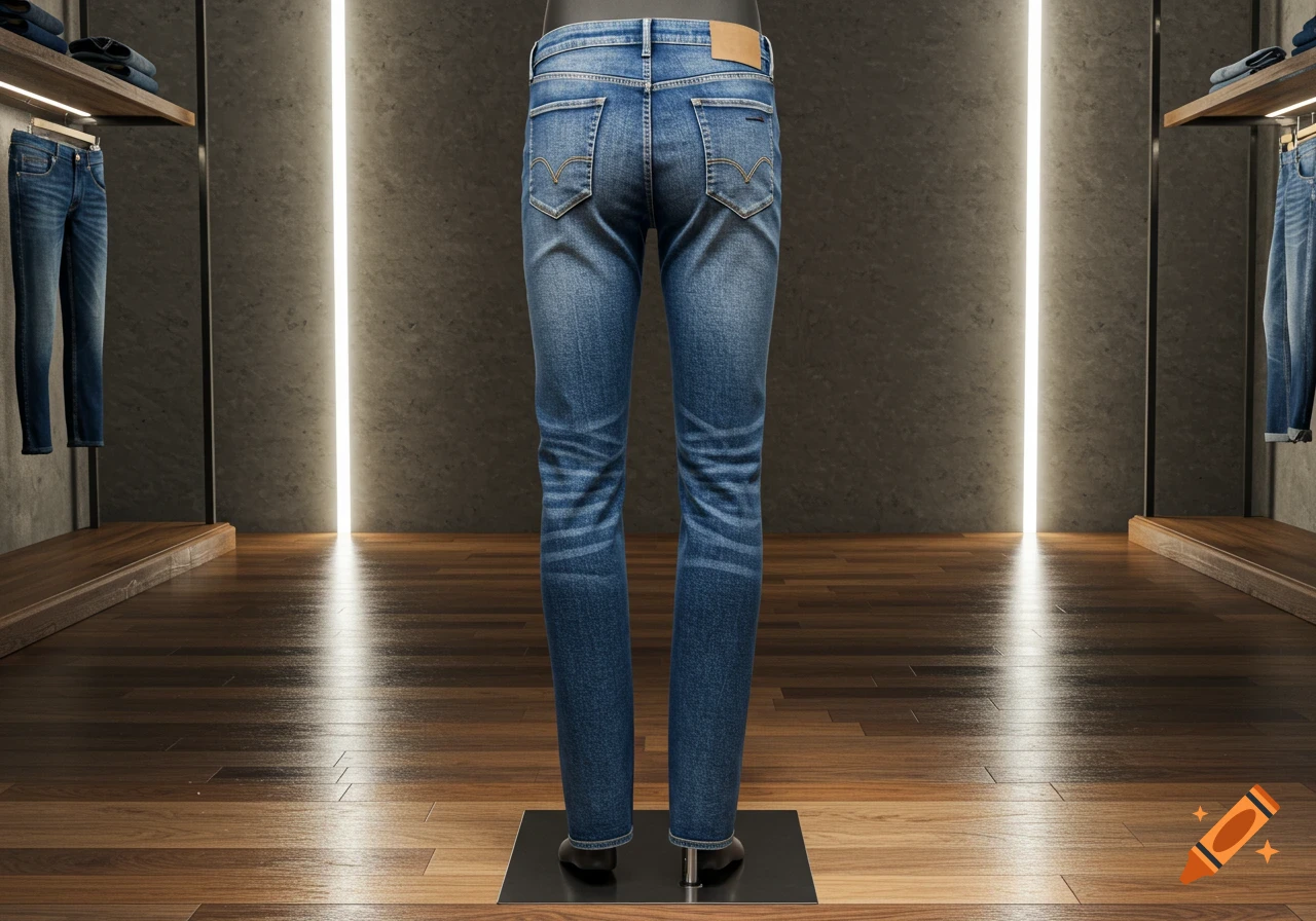 Back view of blue jeans on a mannequin in a modern retail store with a wooden floor and concrete walls.
