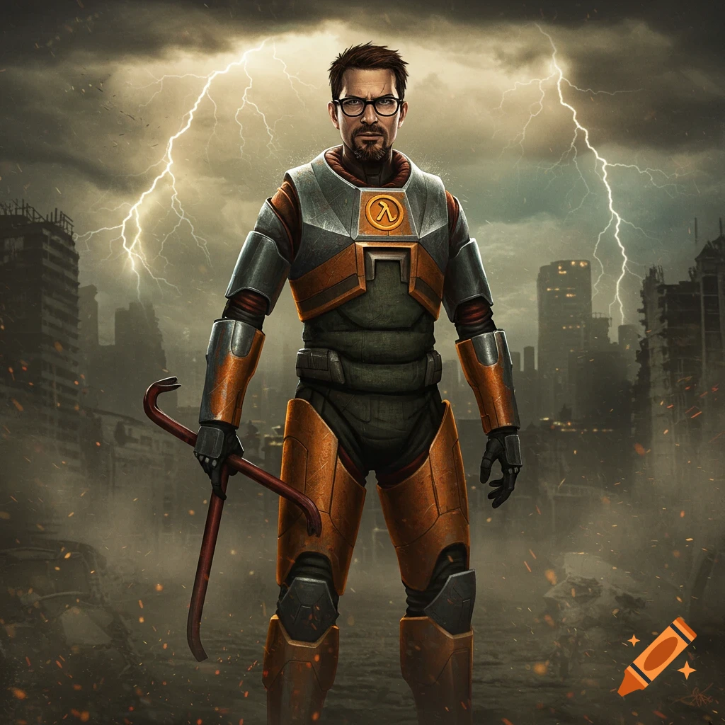 Gordon Freeman in his HEV suit, holding a crowbar, standing amidst destroyed buildings with lightning in a stormy sky.