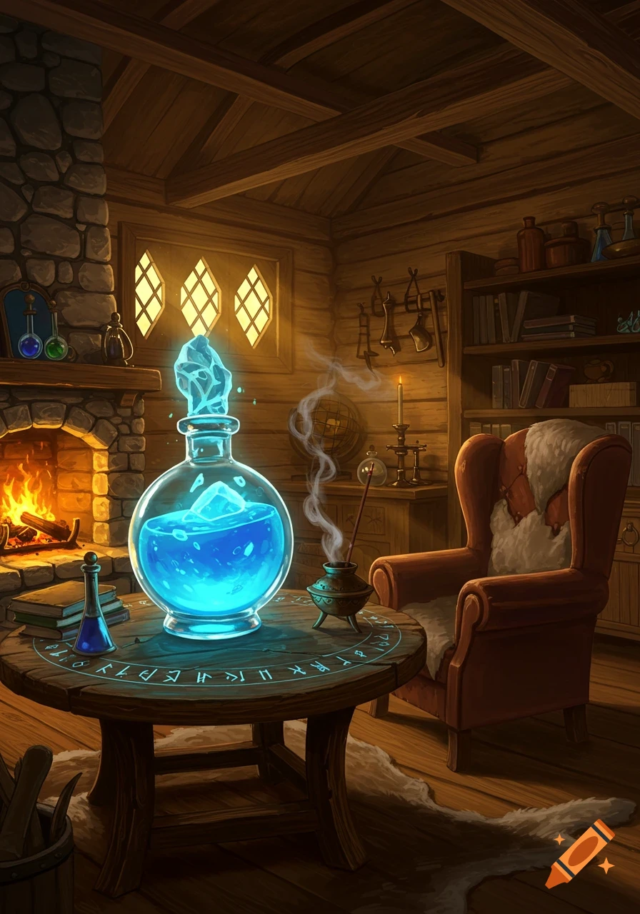 A glowing blue mana potion on a rune-carved wooden table in a warm, cozy fantasy cabin with a fireplace.
