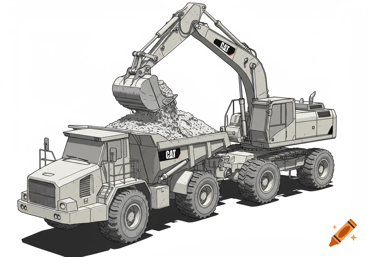 An illustration of a gray excavator emptying a bucket of sand into a gray CAT dump truck.