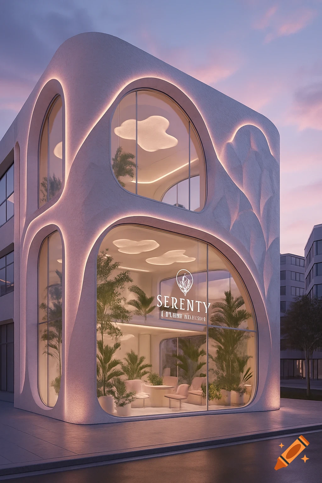 Ultra-modern biophilic building with curved white facade, pink LED lighting, and large windows revealing an indoor garden at dusk.