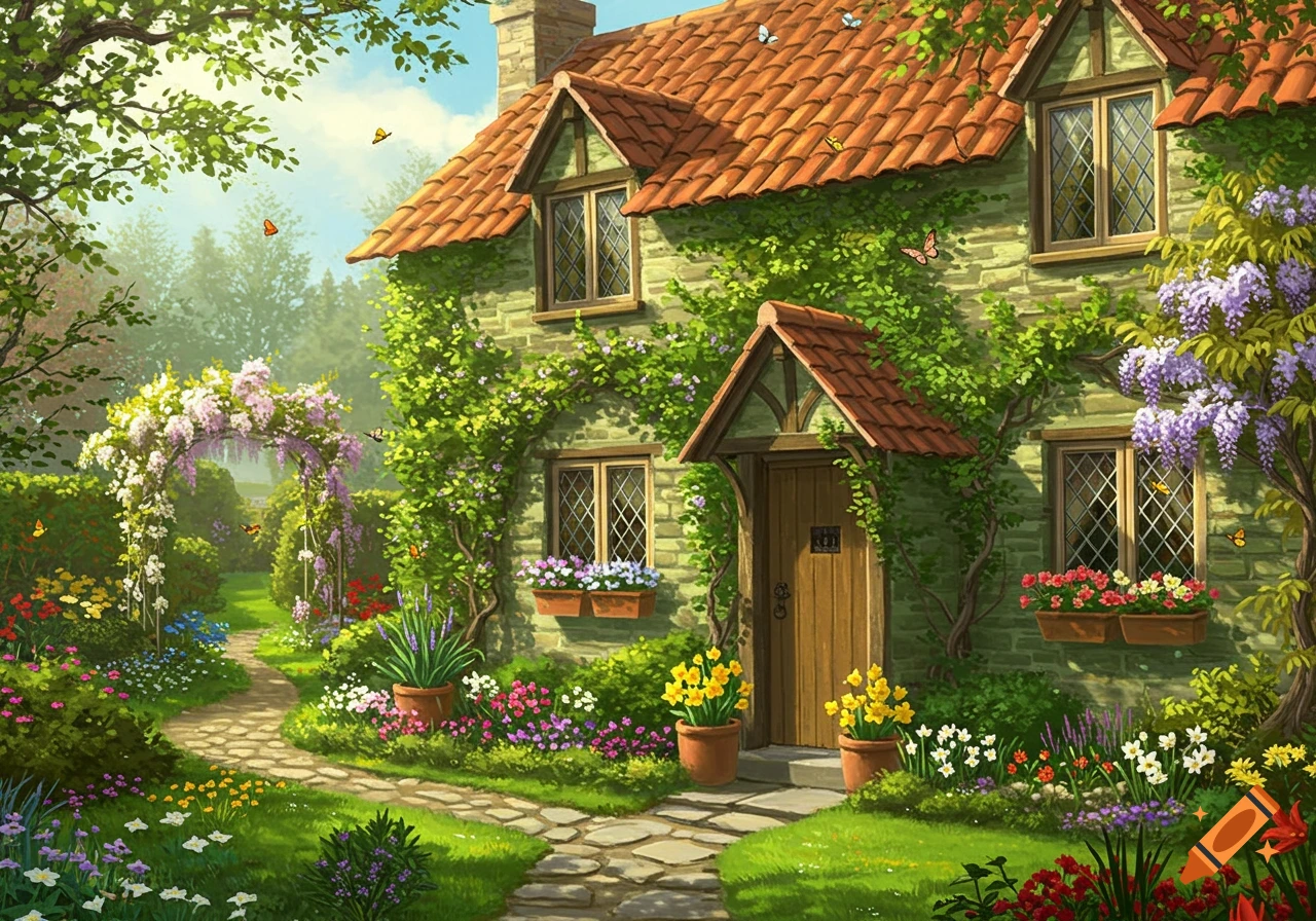 Vibrant illustration of a cozy, ivy-covered cottage with an orange tiled roof, colorful spring garden, and stone path.