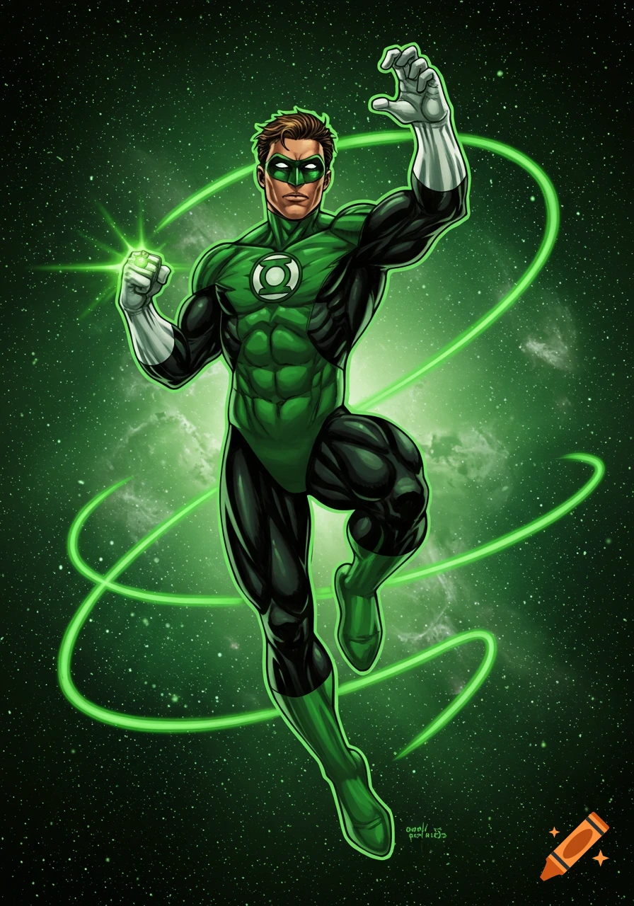 Green Lantern hovers in space, surrounded by swirling green energy, in a dynamic comic book art style.