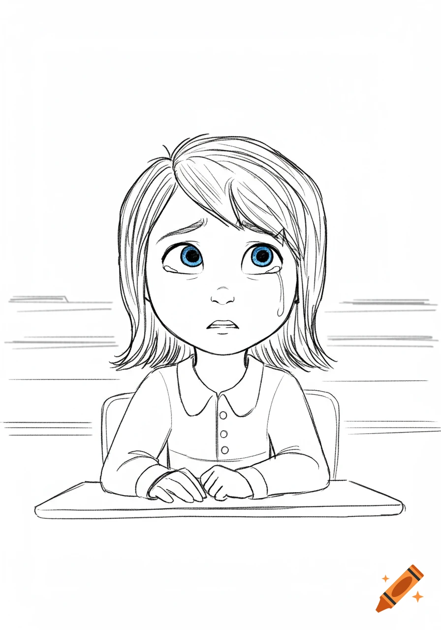 A simple outlined drawing of Riley from Inside Out crying in class, like a coloring page.