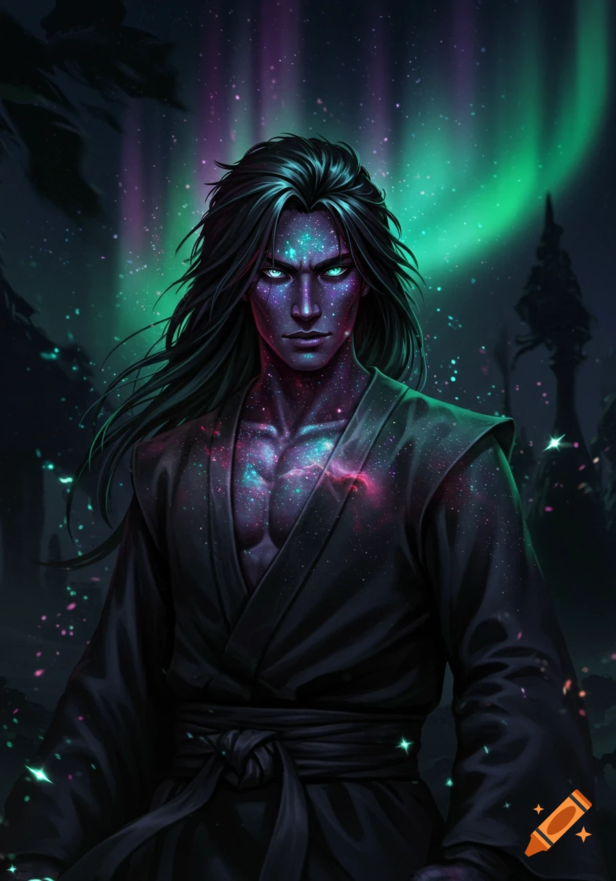 A fantasy martial artist with cosmic skin, glowing eyes, and long black hair, wearing dark attire against an aurora borealis sky.