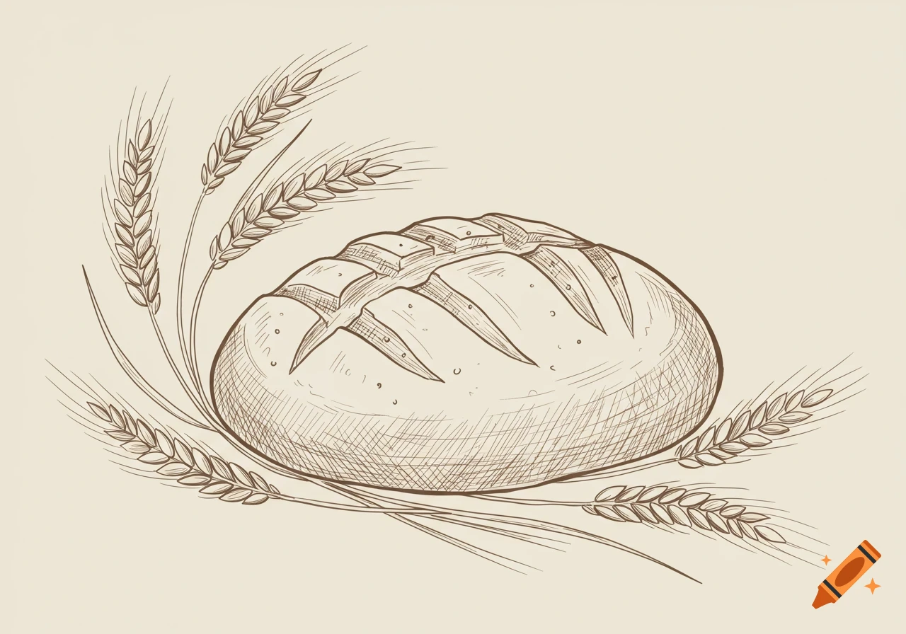 A line drawing of a round loaf of bread with slashes on top, surrounded by wheat stalks, on a light background.