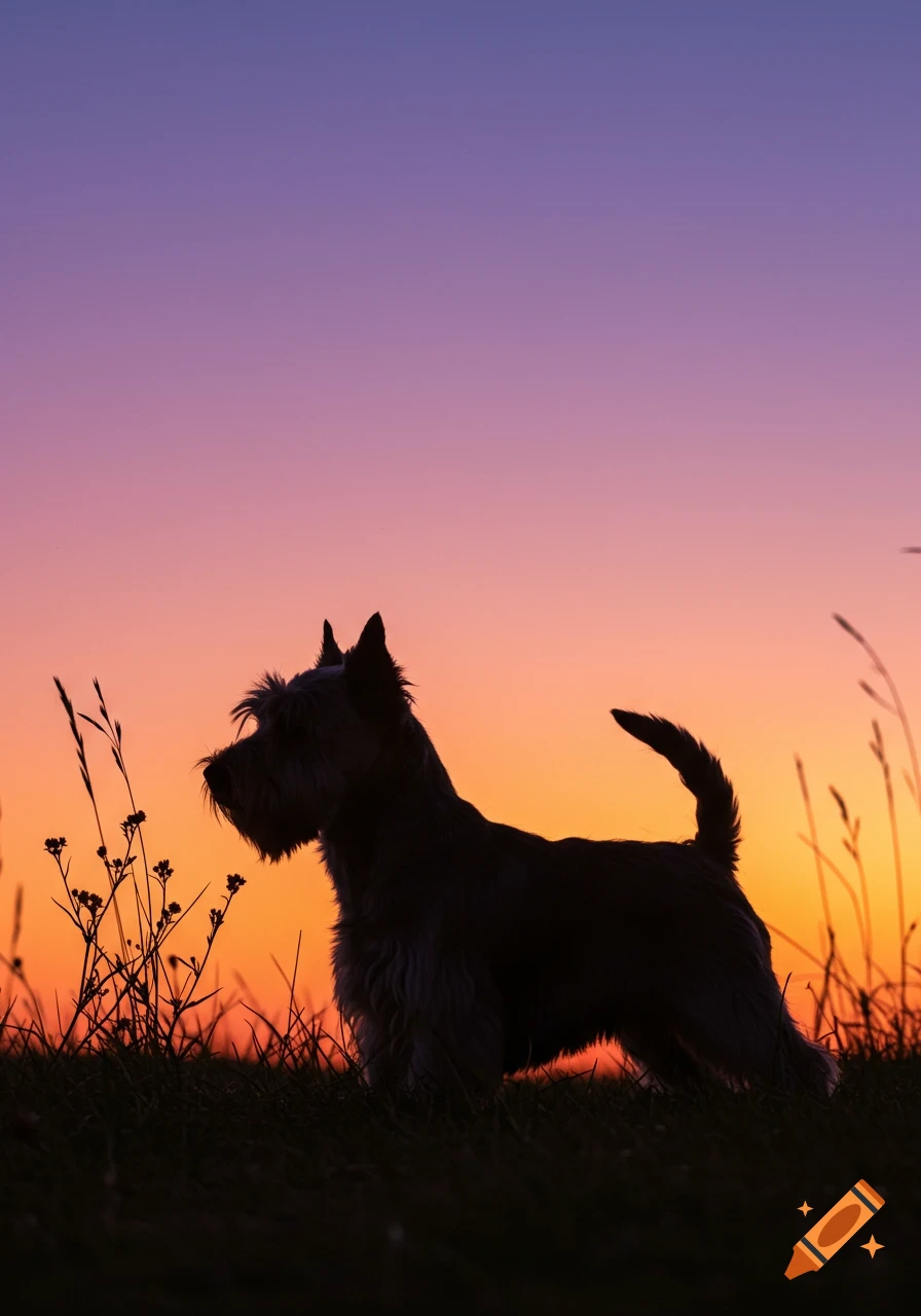 Silhouette of a Skye Terrier standing in grass against a vibrant purple and orange sunset.