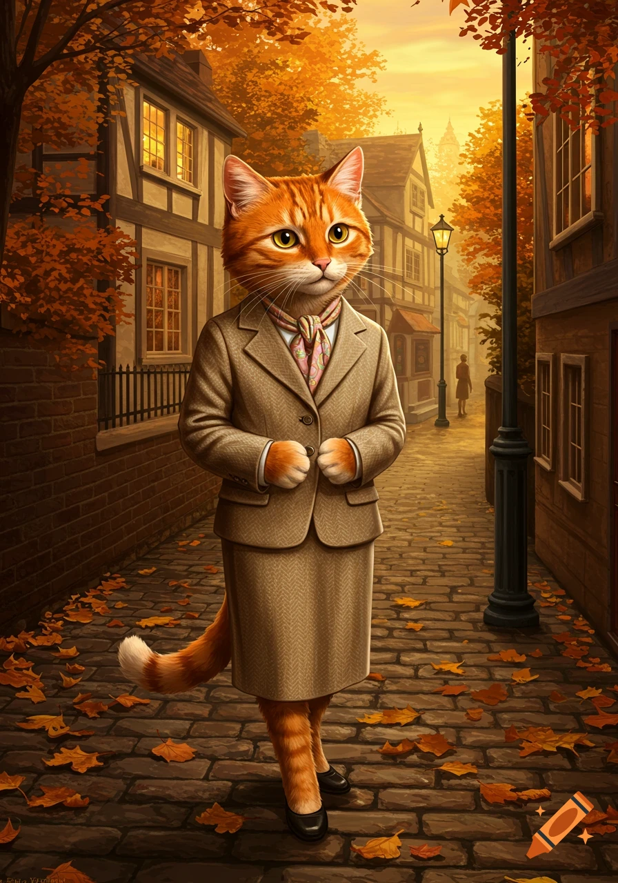 An anthropomorphic orange cat in a tweed suit stands on an autumn cobblestone street, lined with old buildings and fall foliage.